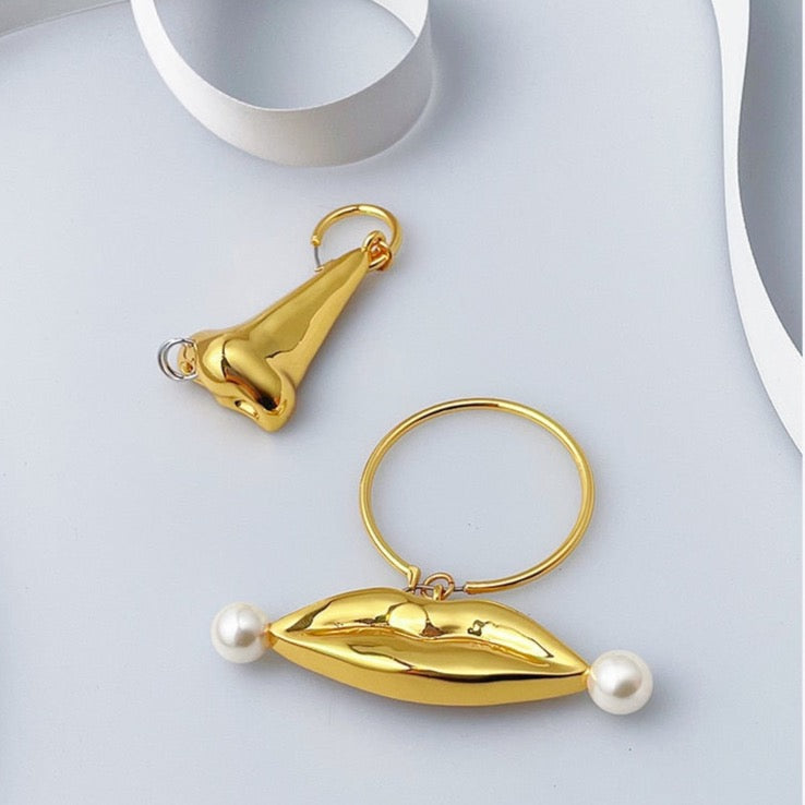Nose & Lips Pearl and Gold Drop Earrings