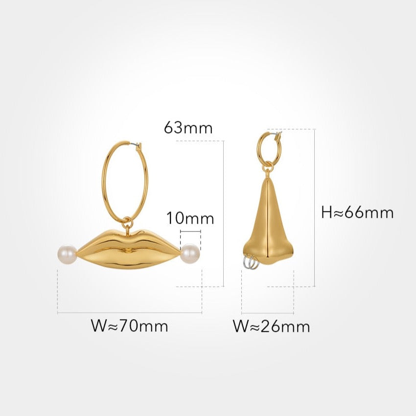 Nose & Lips Pearl and Gold Drop Earrings