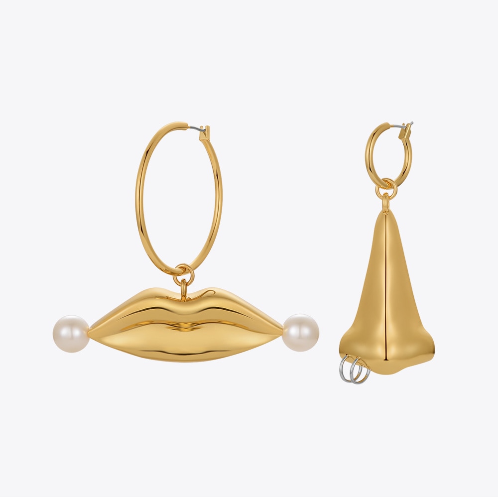 Nose & Lips Pearl and Gold Drop Earrings