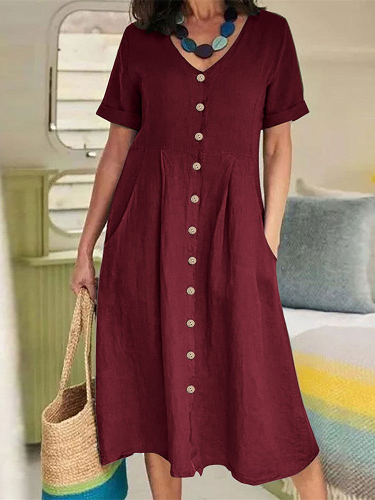 V Neck Linen Button-Down Midi Dress with Pocket