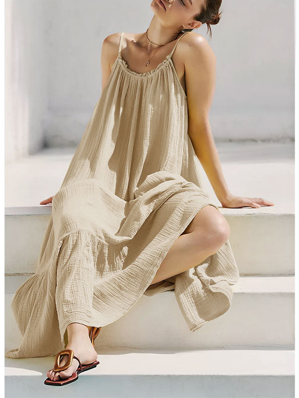 Linen Suspender Ruffled Hem Maxi Dress