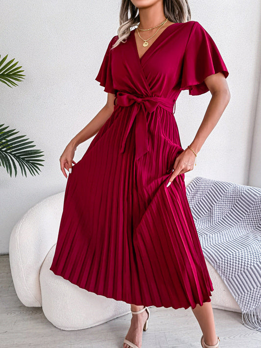 Cross V-Neck Pleated Dress