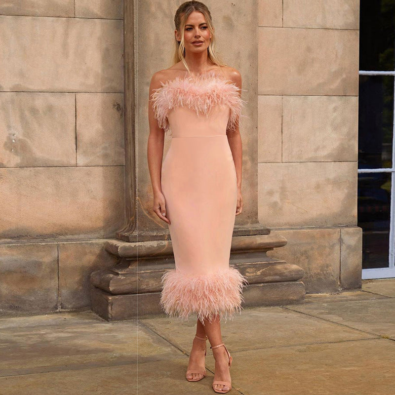 Fur Collar Off Shoulder Dress