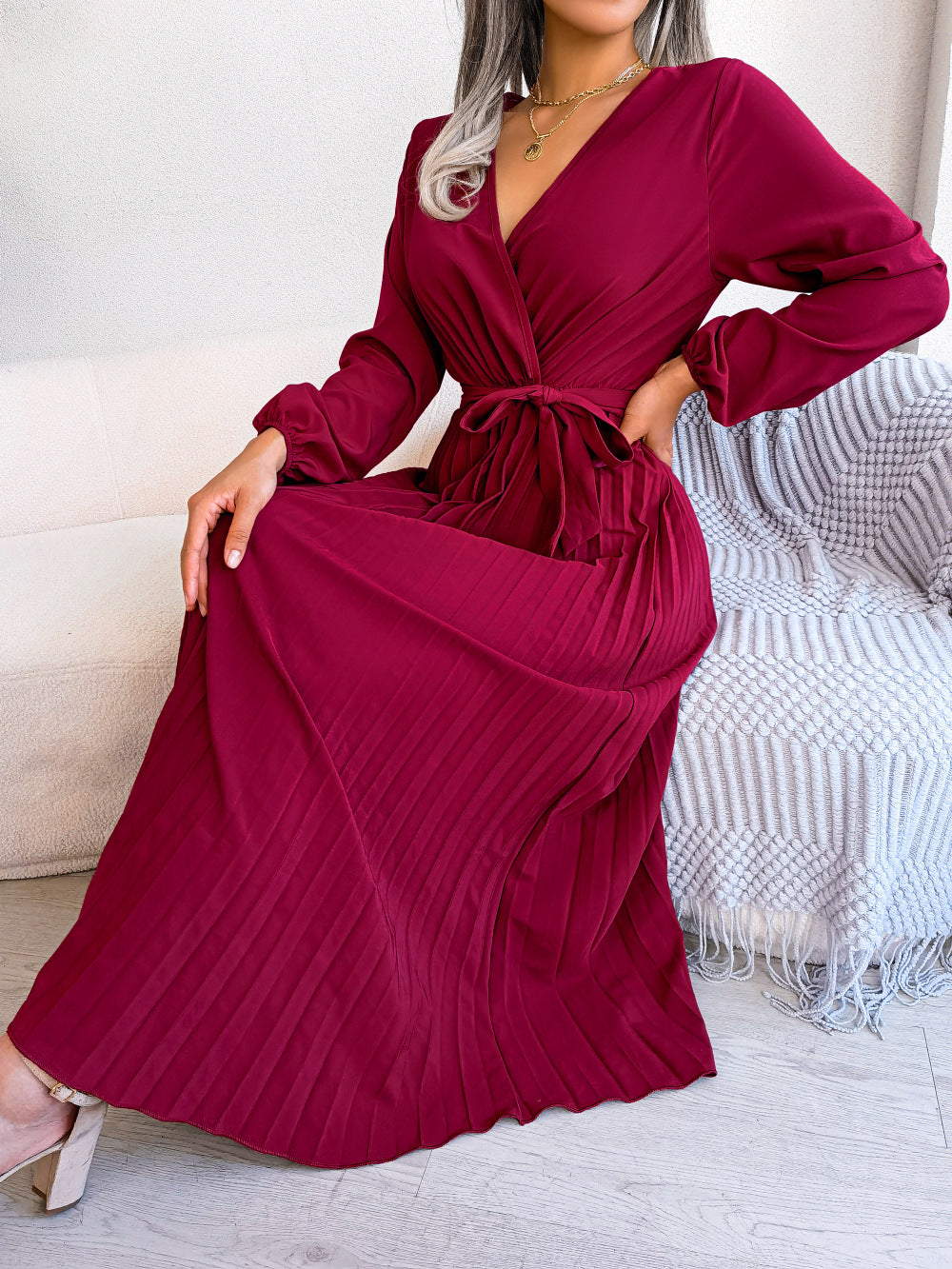 Cross V-neck Long Sleeve Dress