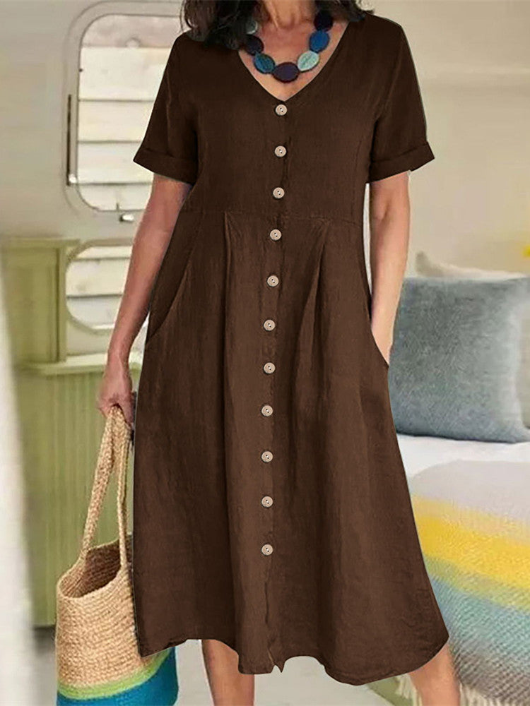 V Neck Linen Button-Down Midi Dress with Pocket