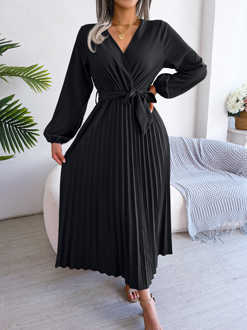 Cross V-neck Long Sleeve Dress
