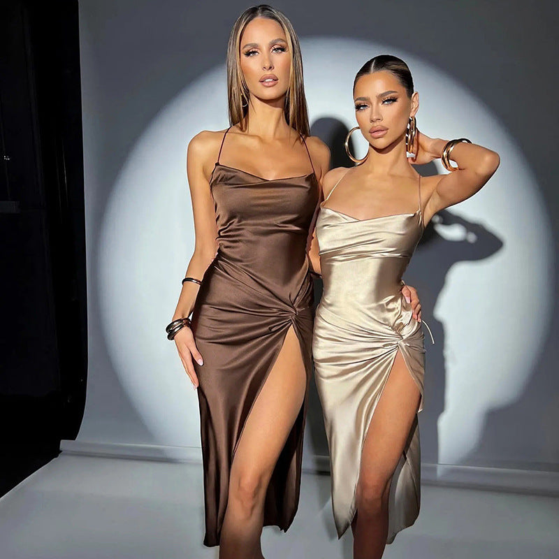 Split Satin Backless Dress