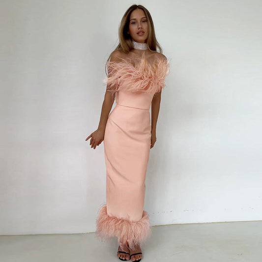 Fur Collar Off Shoulder Dress