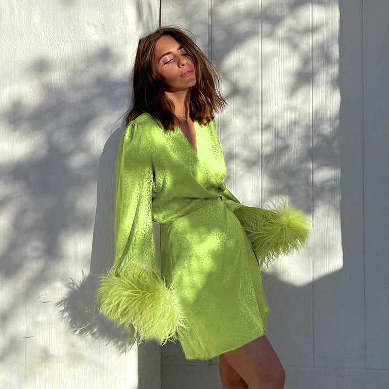 Lace-up Fur Sleeves V-neck Dress