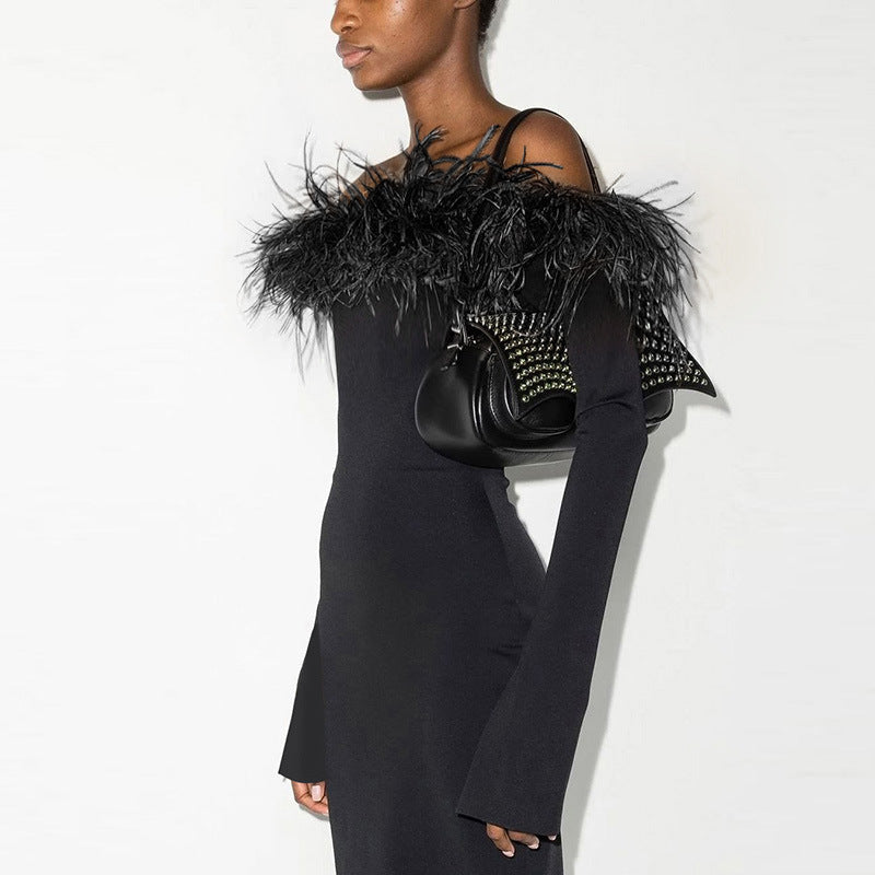 Fur Collar Off Shoulder Dress