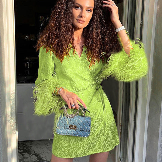 Lace-up Fur Sleeves V-neck Dress