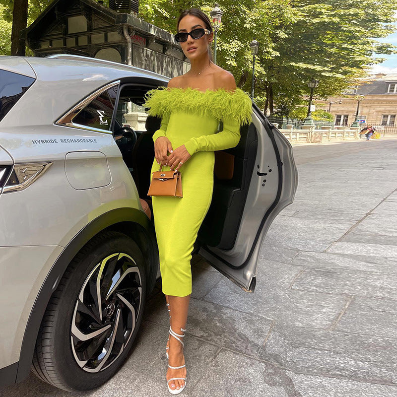 Fur Collar Off Shoulder Dress