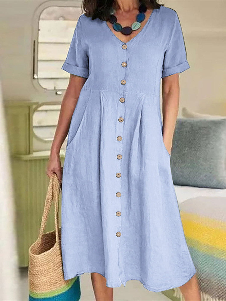 V Neck Linen Button-Down Midi Dress with Pocket