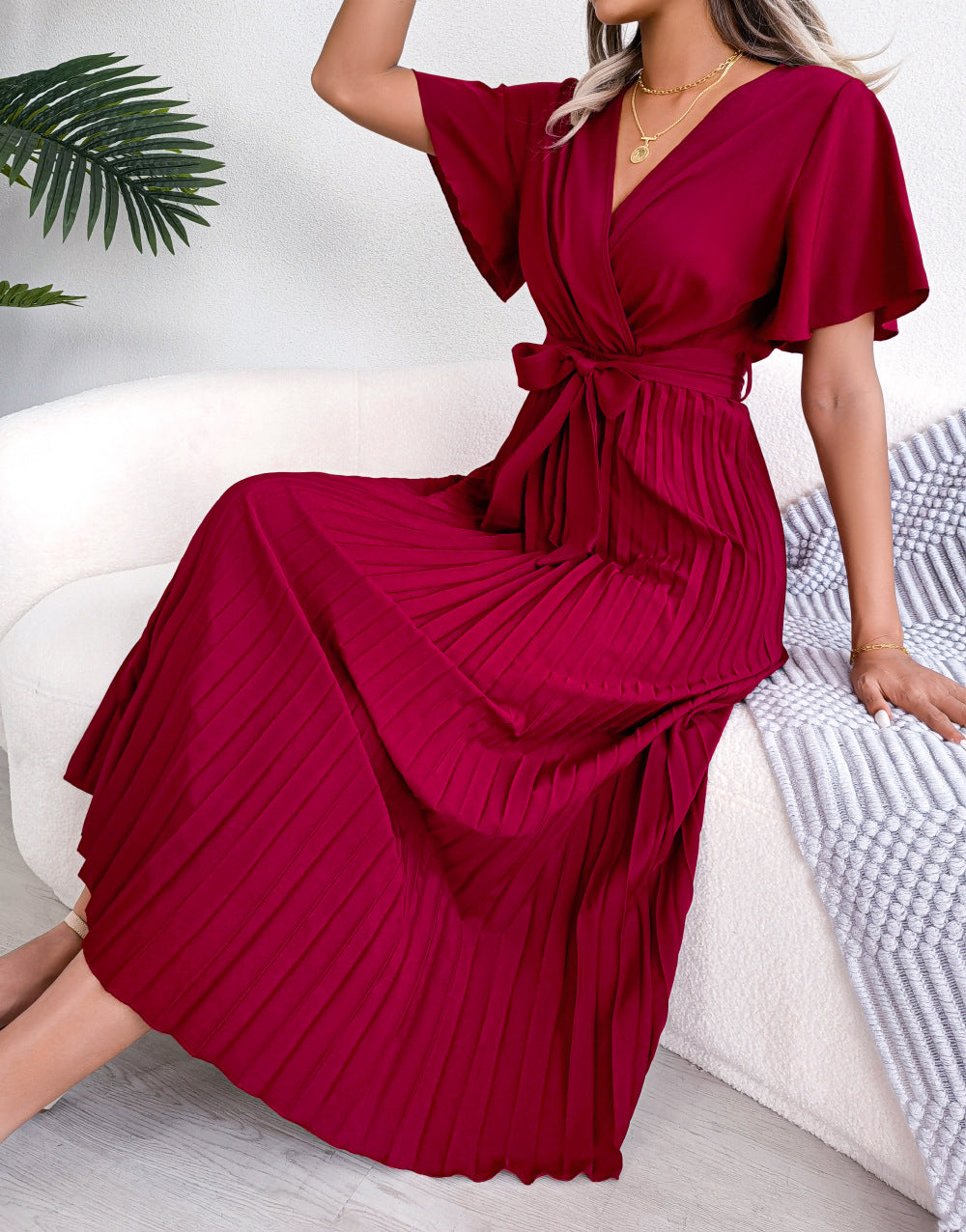 Cross V-Neck Pleated Dress