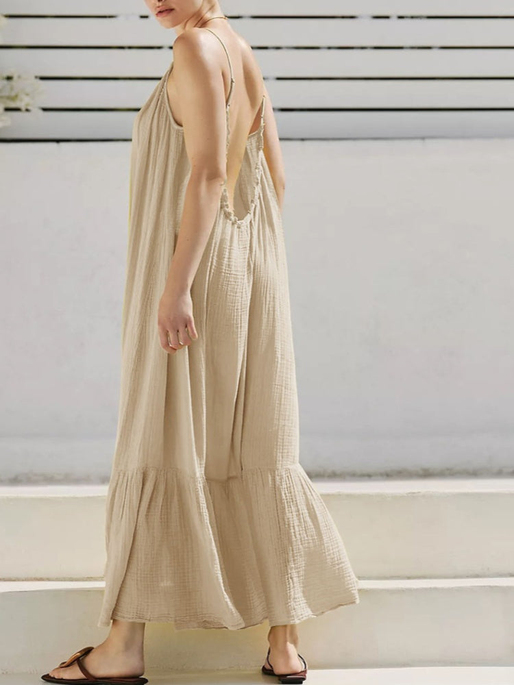 Linen Suspender Ruffled Hem Maxi Dress