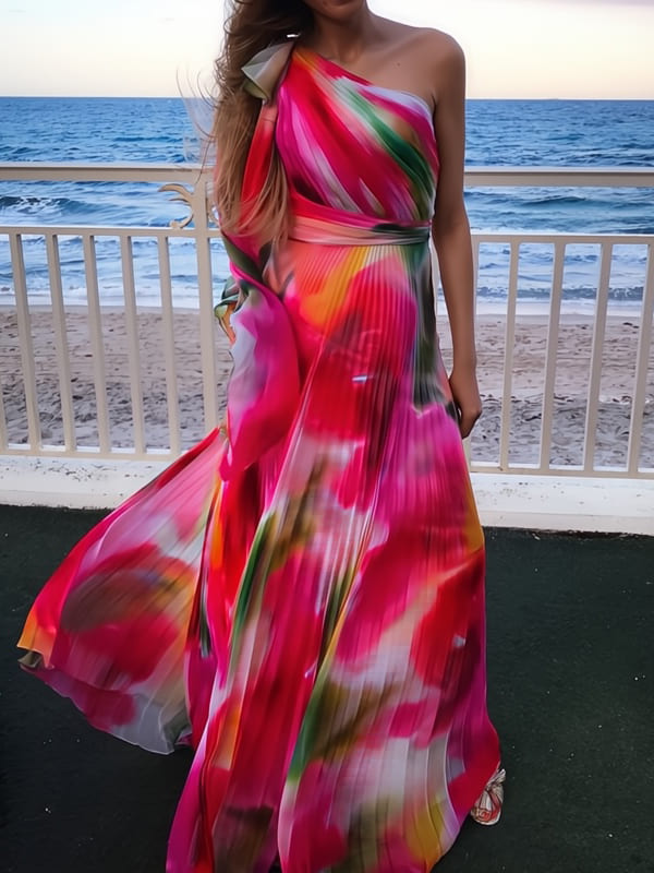 Rainbow Pleated Neck Maxi Dress