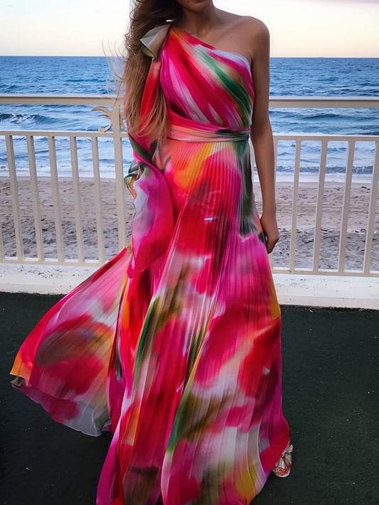 Rainbow Pleated Neck Maxi Dress