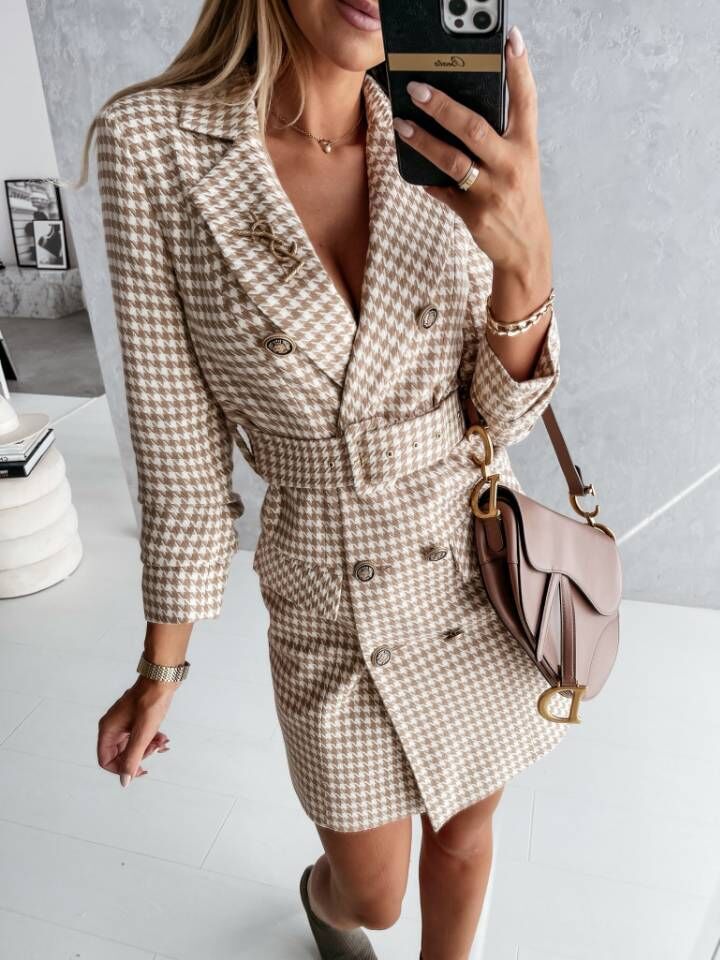 Plaid Belt Double Breasted Blazer Dress