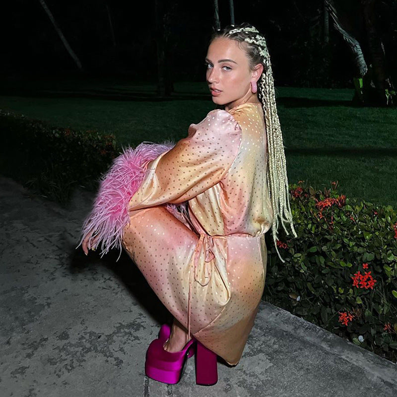 Lace-up Fur Sleeves V-neck Dress