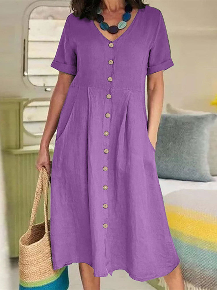 V Neck Linen Button-Down Midi Dress with Pocket