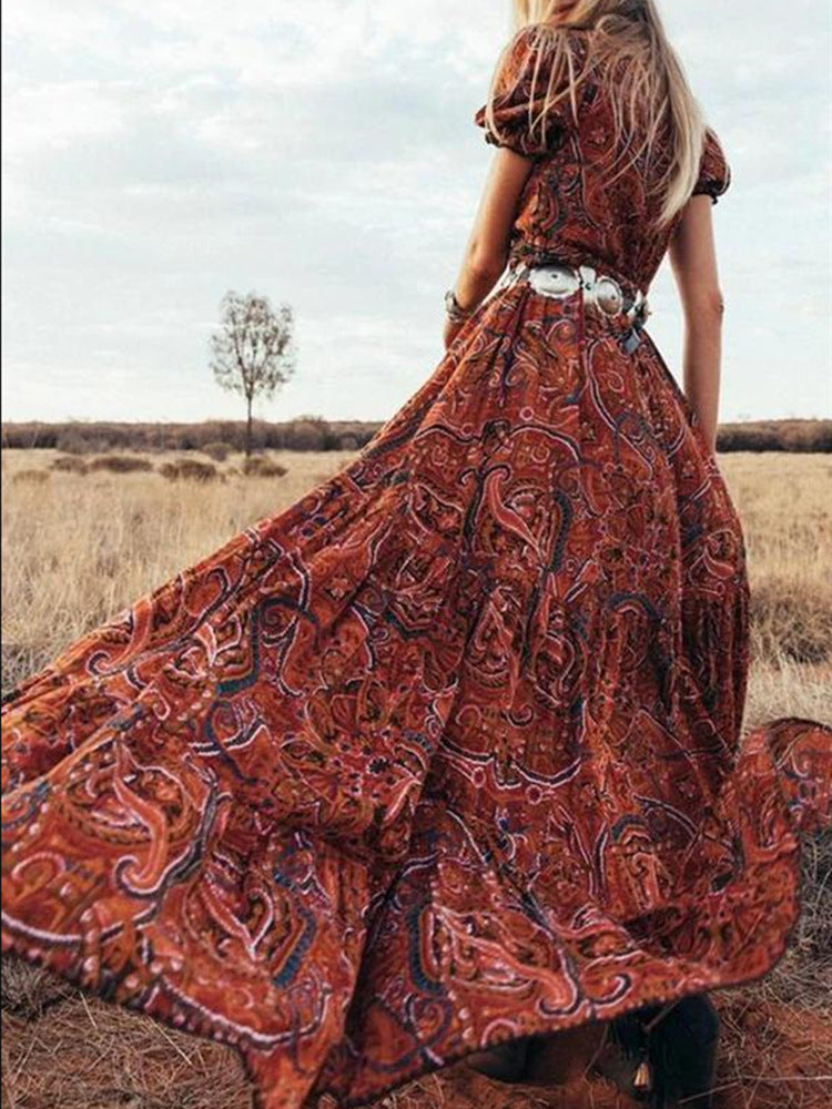 Print V-Neck Bohemian Holiday Dress