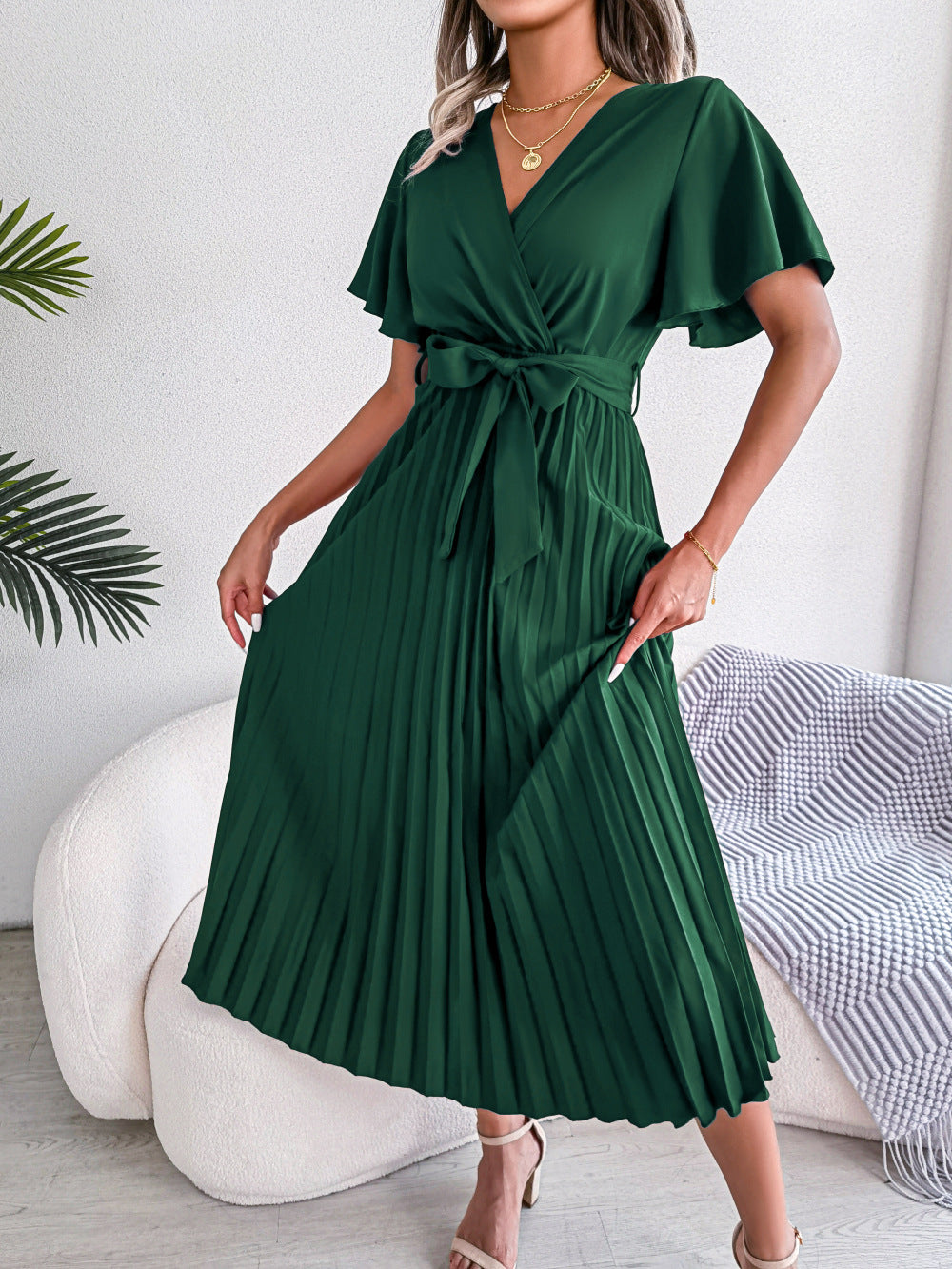 Cross V-Neck Pleated Dress