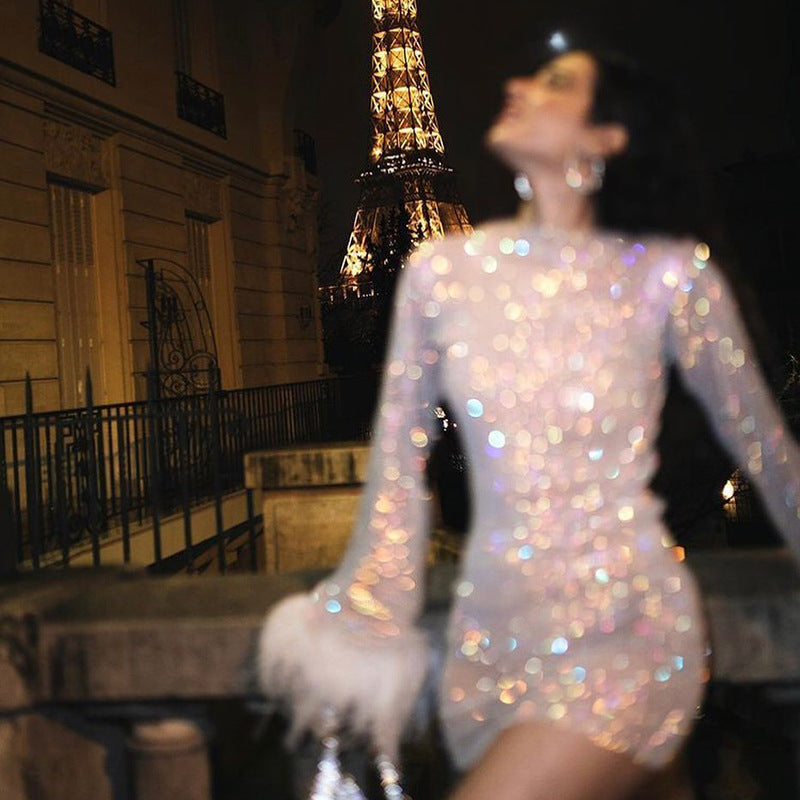 Feather Shimmer Mesh Dress