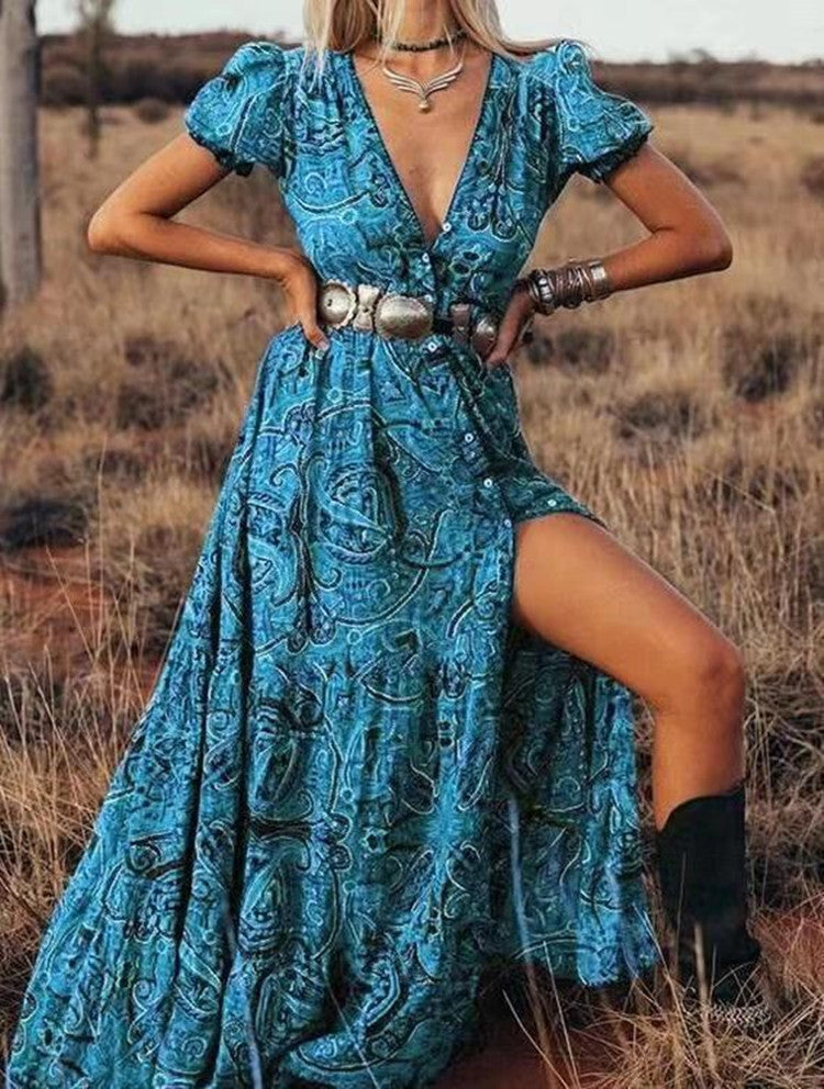 Print V-Neck Bohemian Holiday Dress