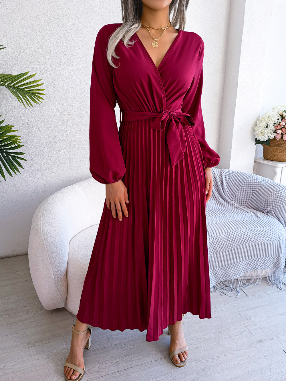 Cross V-neck Long Sleeve Dress