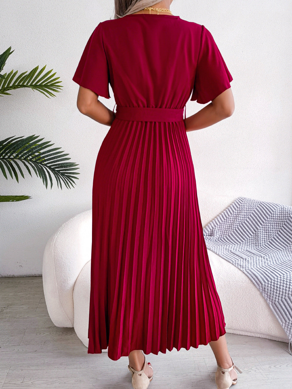 Cross V-Neck Pleated Dress