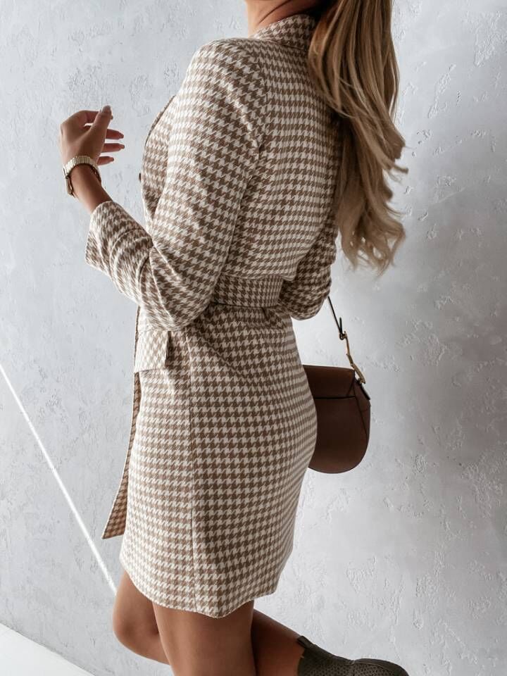 Plaid Belt Double Breasted Blazer Dress