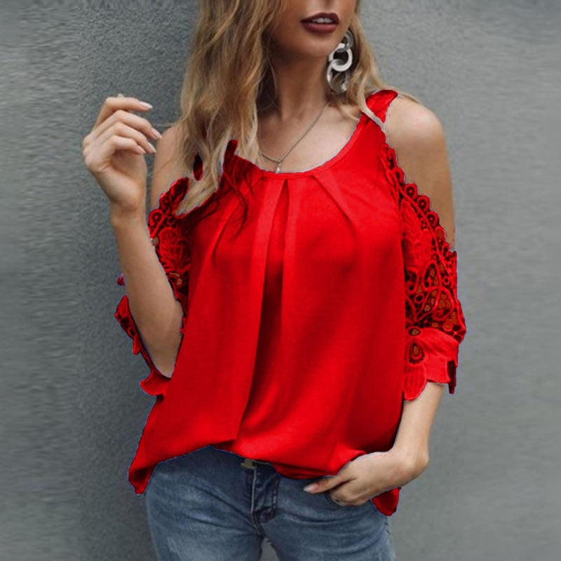 Off Shoulder Lace Blouse Summer Tops White Black Blouses O-Neck Solid Loose 5XL Clothes