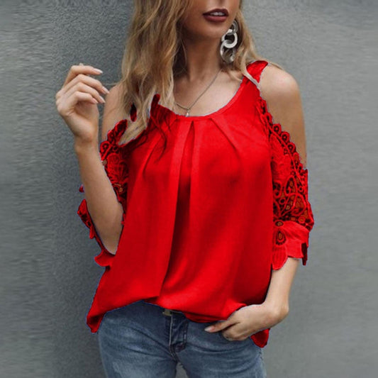 Off Shoulder Lace Blouse Summer Tops White Black Blouses O-Neck Solid Loose 5XL Clothes