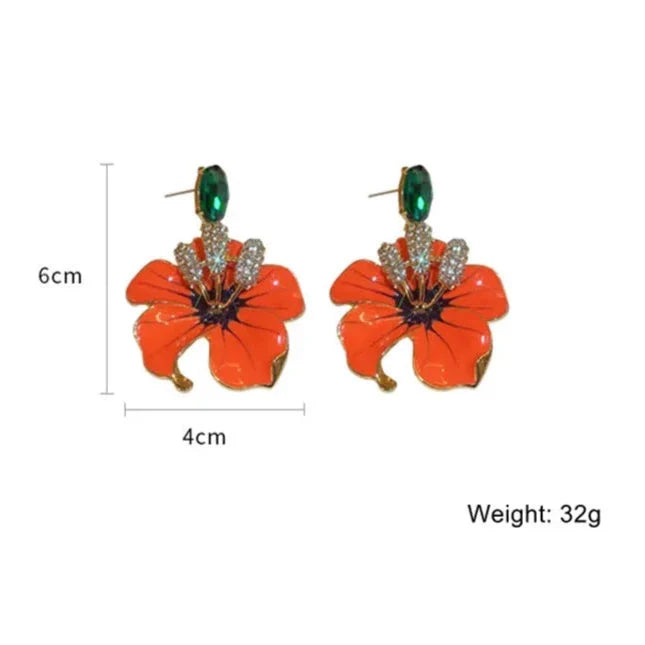 Orange Amaryllis Enamel Flowers Drop Earrings