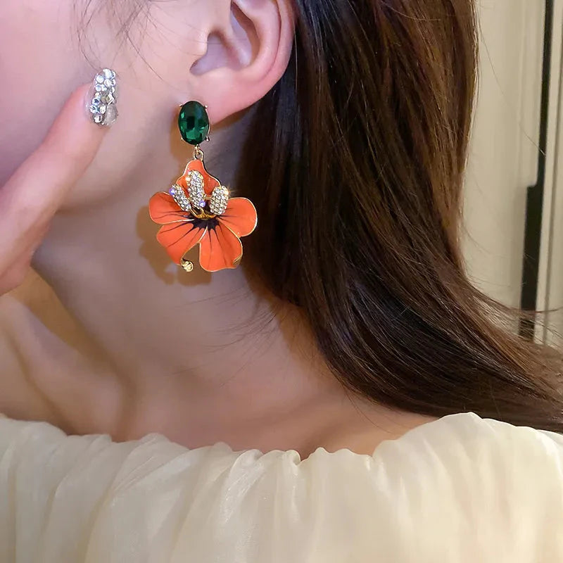Orange Amaryllis Enamel Flowers Drop Earrings