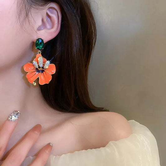 Orange Amaryllis Enamel Flowers Drop Earrings