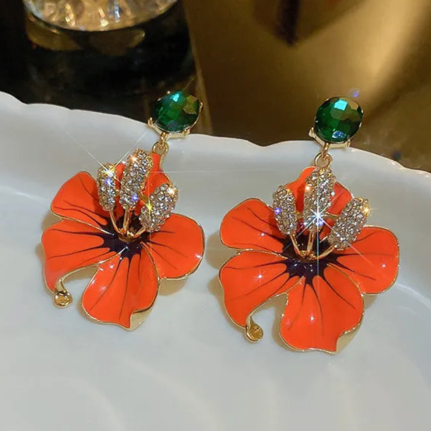 Orange Amaryllis Enamel Flowers Drop Earrings