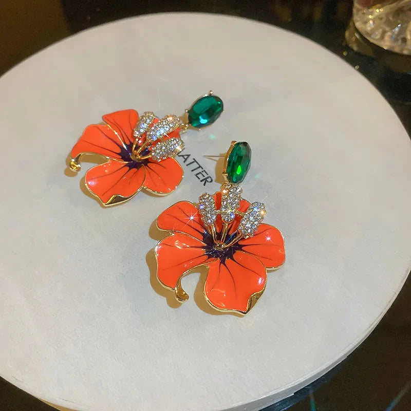 Orange Amaryllis Enamel Flowers Drop Earrings