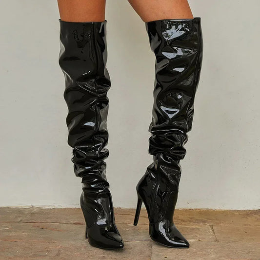 Fashion Pointed Toe Black Side Zipper Thin Heels Shiny Pleated Knee High Boots