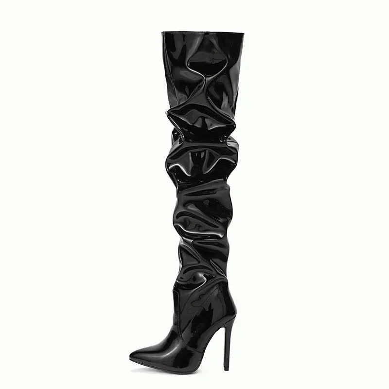 Fashion Pointed Toe Black Side Zipper Thin Heels Shiny Pleated Knee High Boots