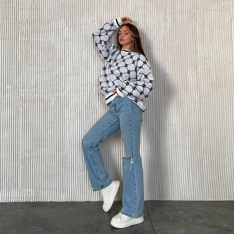 Oversized Monogoram Prints Sweaters - 3 Colors