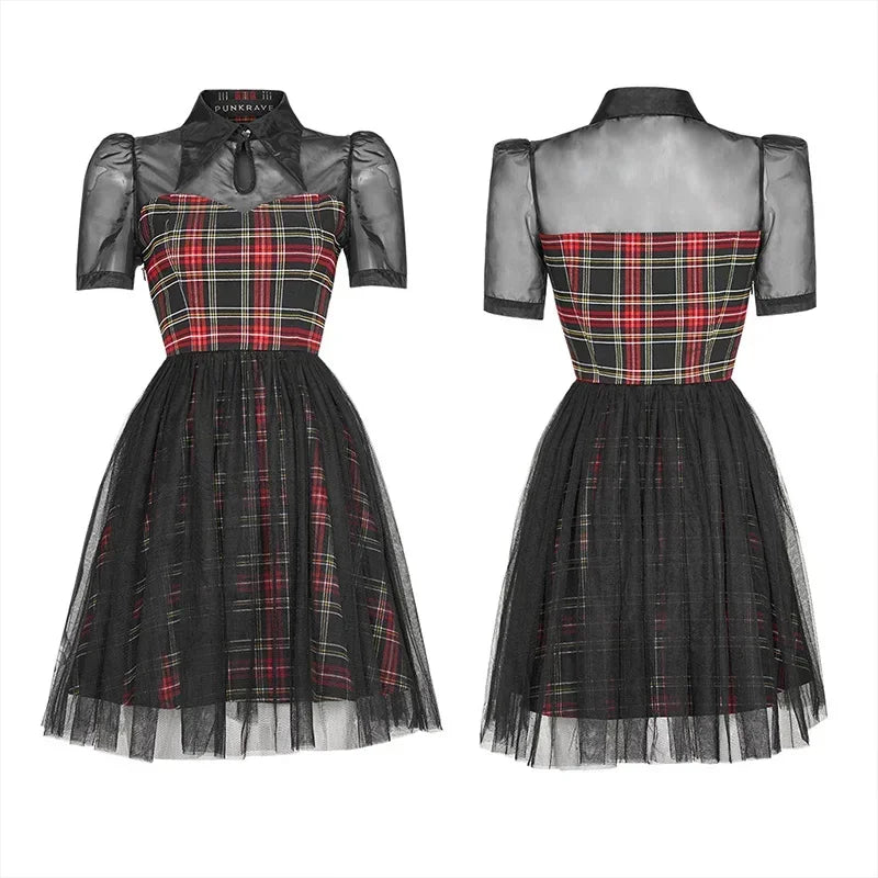 Daily Lace Organza Spliced Plaid Short Sleeve A-Line Casual Gothic Dress