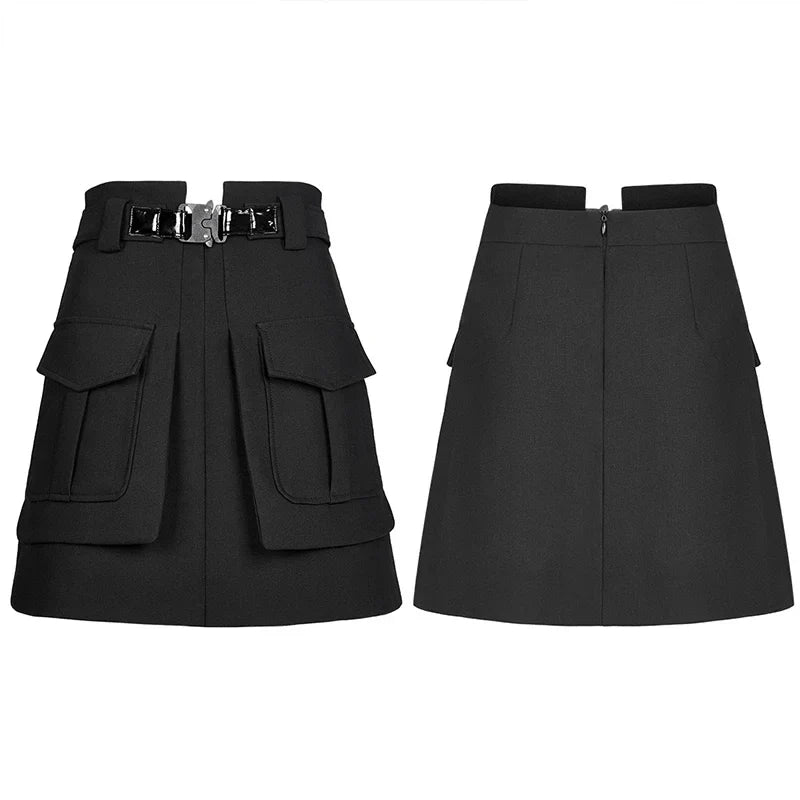 Women's Collect Waist A Line Black Half Personality Casual Mini Functional Buckle Decoration Skirt