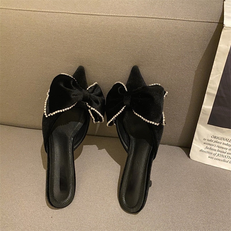 Paye Velvet Bow Tie Kitten Heel Sandals - 3 Colors