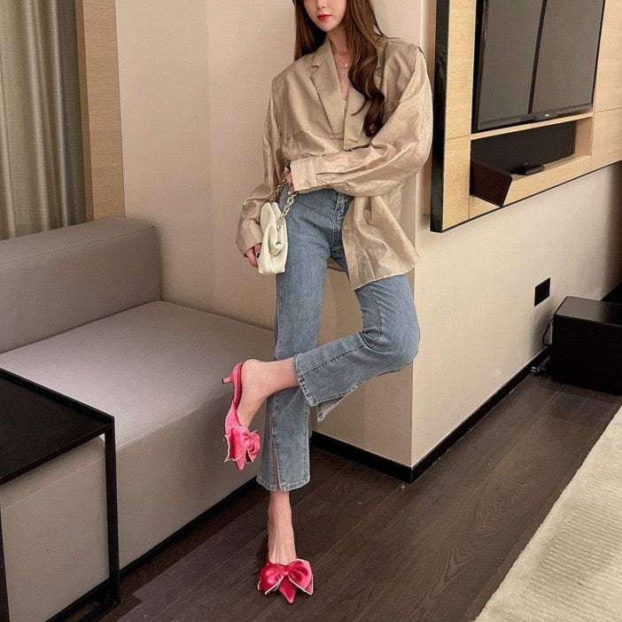 Paye Velvet Bow Tie Kitten Heel Sandals - 3 Colors