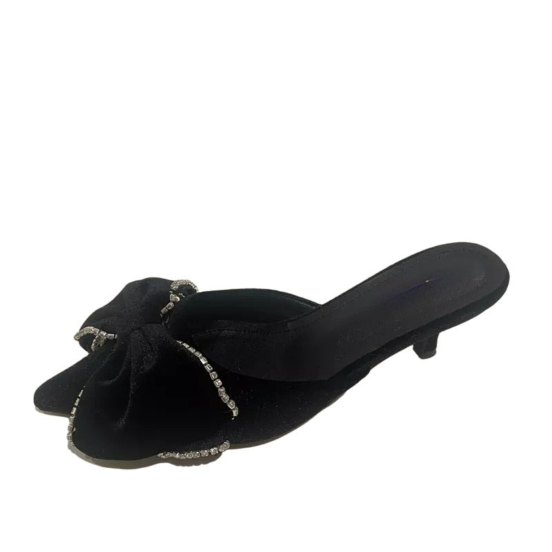 Paye Velvet Bow Tie Kitten Heel Sandals - 3 Colors