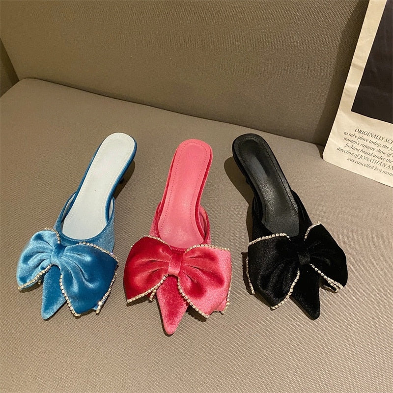 Paye Velvet Bow Tie Kitten Heel Sandals - 3 Colors