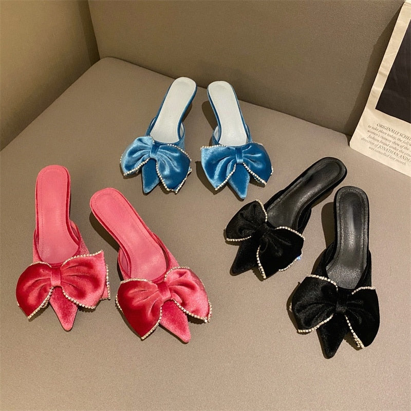 Paye Velvet Bow Tie Kitten Heel Sandals - 3 Colors