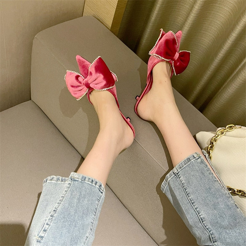 Paye Velvet Bow Tie Kitten Heel Sandals - 3 Colors