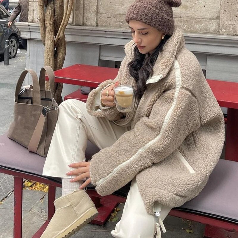 Peppi Faux Teddy Bear Lamb Wool Bomber Jacket